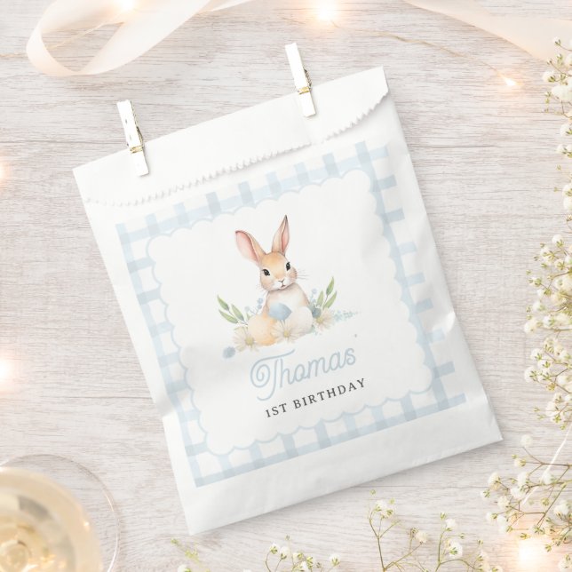 Some Bunny Pastel Spring Blue Gingham 1st Birthday Favour Bags (Clipped)