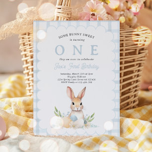 Some Bunny Pastel Spring Blue Gingham 1st Birthday Invitation