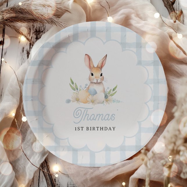 Some Bunny Pastel Spring Blue Gingham 1st Birthday Paper Plate (Creator Uploaded)