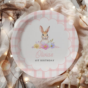 Some Bunny Pastel Spring Pink Gingham 1st Birthday Paper Plate
