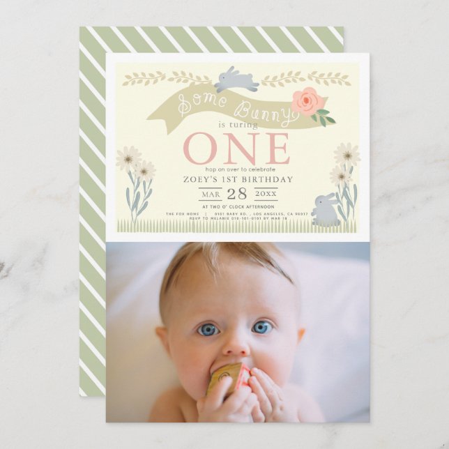 Some Bunny Pastel Yellow Photo 1st Birthday Invitation (Front/Back)