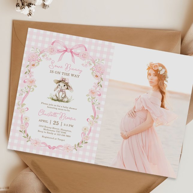 Some Bunny Pink Bow Gingham Baby Shower Photo Invitation (Creator Uploaded)