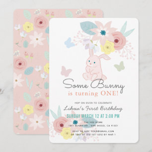 Some Bunny Pink Floral Butterfly 1st Birthday Invitation