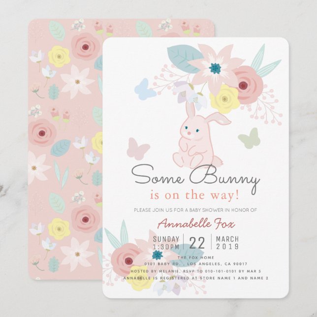 Some Bunny Pink Floral Butterfly Baby Shower Invitation (Front/Back)