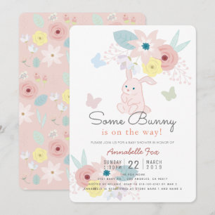 Some Bunny Pink Floral Butterfly Baby Shower Invitation