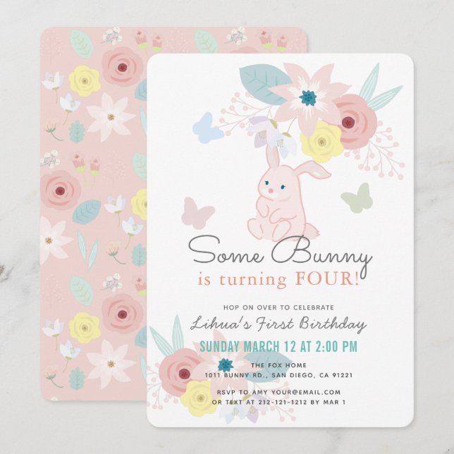 Some Bunny Pink Floral Butterfly Girl Birthday Invitation (Front/Back)