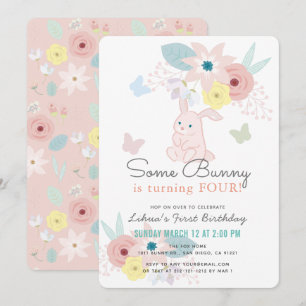 Some Bunny Pink Floral Butterfly Girl Birthday Invitation