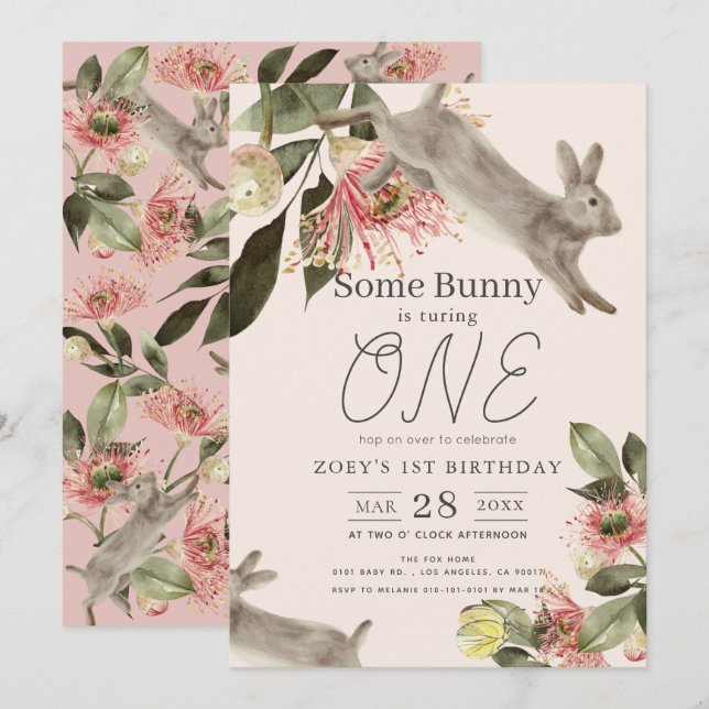 Some Bunny Pink Floral Girl 1st Birthday Invitation (Front/Back)