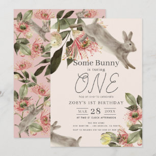 Some Bunny Pink Floral Girl 1st Birthday Invitation