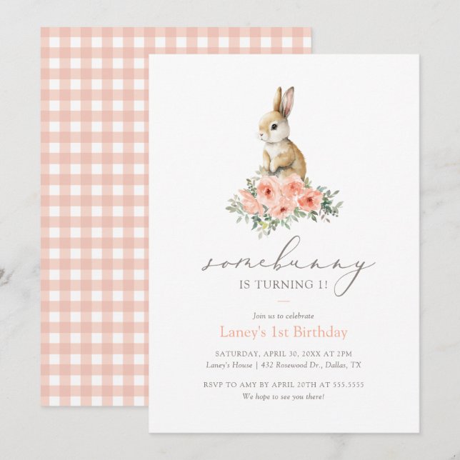 Some Bunny Pink Floral Girl Birthday Party Invitation (Front/Back)