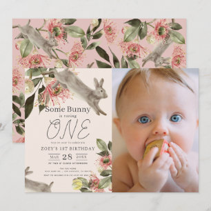 Some Bunny Pink Floral Girl Photo 1st Birthday Invitation