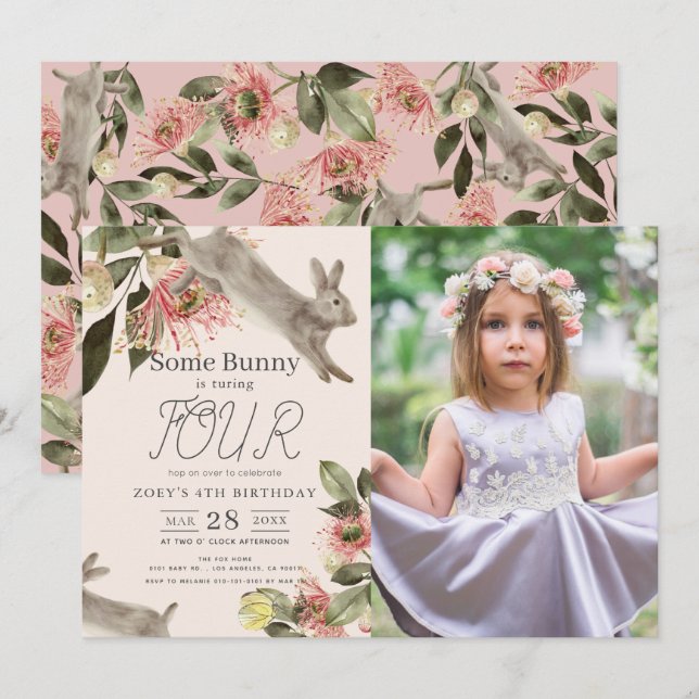 Some Bunny Pink Floral Girl Photo Birthday Invitation (Front/Back)