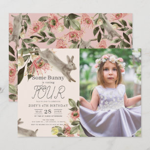 Some Bunny Pink Floral Girl Photo Birthday Invitation