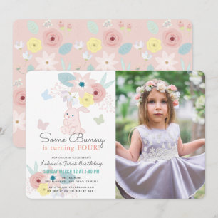 Some Bunny Pink Floral Girl Photo Birthday Invitation