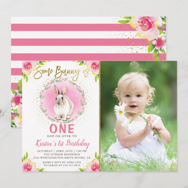 Some Bunny Pink Floral Gold Glitter Birthday Photo Invitation (Front/Back)