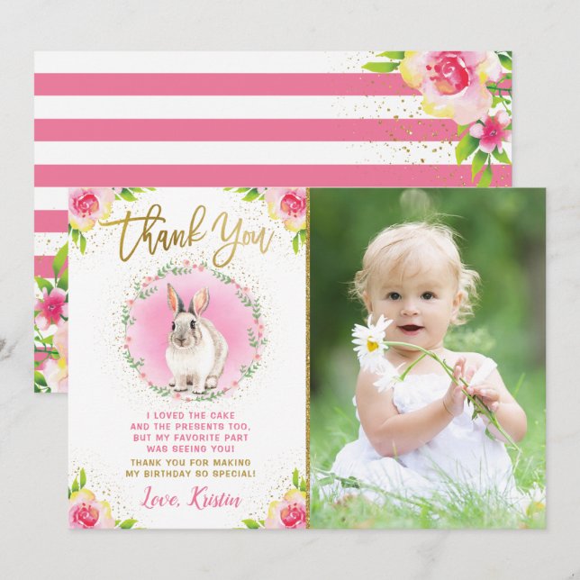 Some Bunny Pink Floral Gold Glitter Photo Birthday Thank You Card (Front/Back)