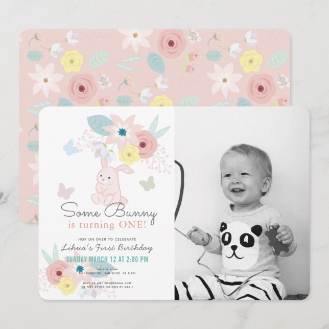 Some Bunny Pink Floral Photo 1st Birthday Invitation (Front/Back)