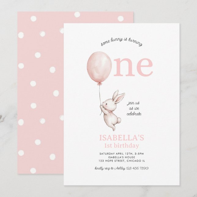 Some Bunny Pink Girl Spring Easter 1st Birthday Invitation (Front/Back)