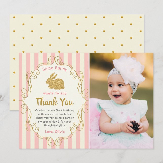 Some Bunny Pink & Gold Birthday Photo Thank You (Front/Back)