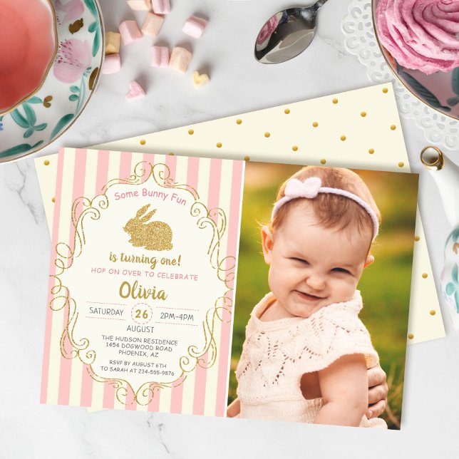 Some Bunny Pink & Gold Glitter Birthday Photo Invitation (Creator Uploaded)