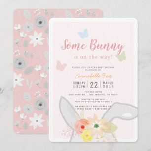 Some Bunny Pink Grey Floral Butterfly Baby Shower Invitation