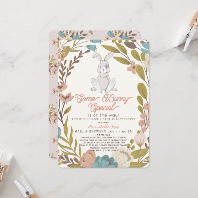 Some Bunny Special Floral Drive-by Baby Shower Invitation (Front/Back In Situ)