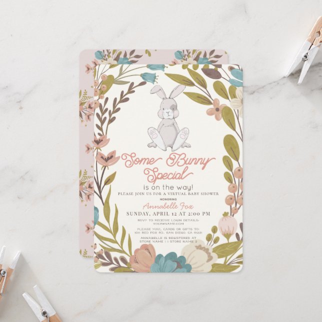 Some Bunny Special Floral Girl Virtual Baby Shower Invitation (Front/Back In Situ)