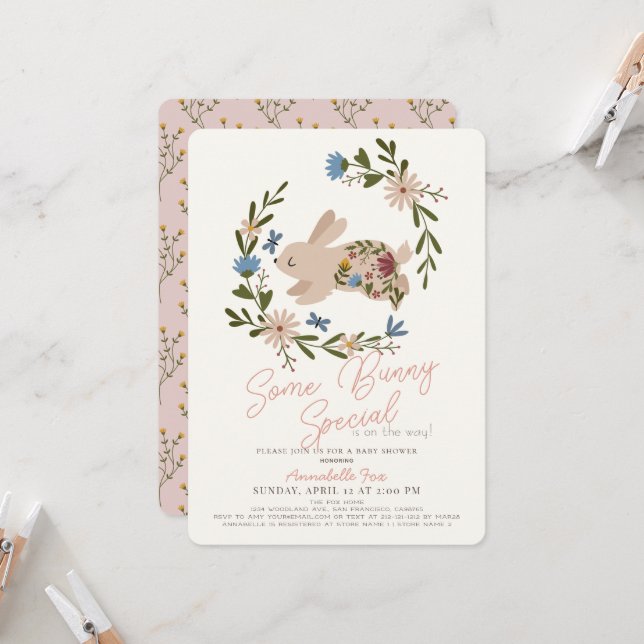 Some Bunny Special Floral Wreath Baby Shower Invitation (Front/Back In Situ)