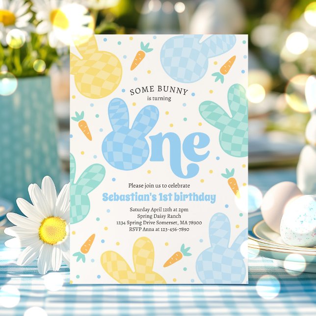 Some Bunny Spring 1st Birthday Boy Bunny Party Invitation (Creator Uploaded)