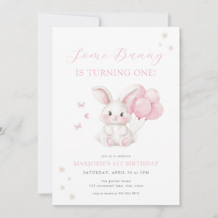 Some Bunny Spring Girl Pink Bunny First Birthday Invitation