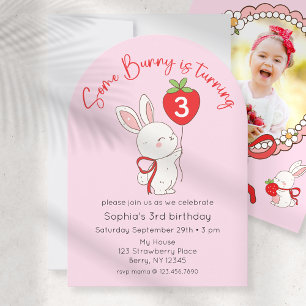 Some Bunny Strawberry Pink Birthday Photo Invitation