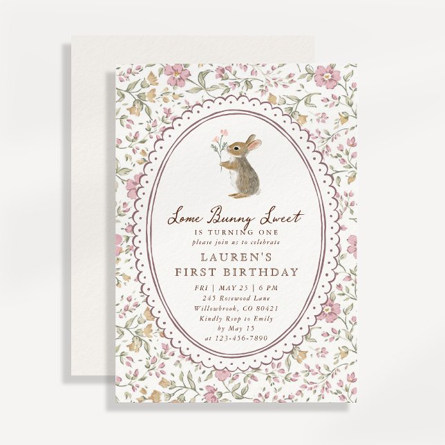 Some Bunny Sweet Floral Bunny First Birthday  Invitation (Creator Uploaded)