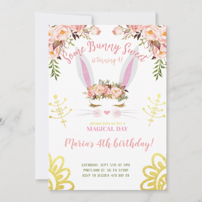 Some Bunny Sweet Gold Floral Rabbit face Birthday Invitation (Front)