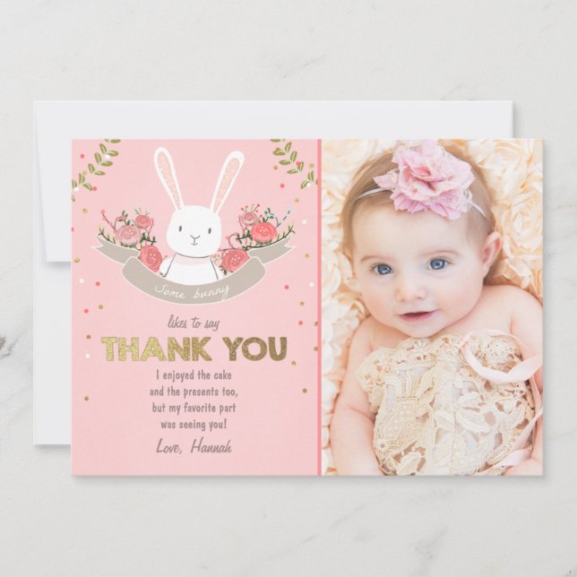 Some Bunny Thank You Card Birthday Girl Pink Gold (Front)