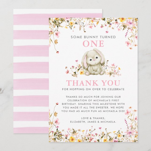Some Bunny Turned One Pink Girl's 1st Birthday Thank You Card (Front/Back)