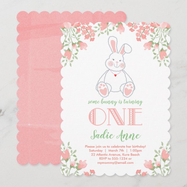 Some Bunny Watercolor Blush Pink 1st Birthday Invitation (Front/Back)
