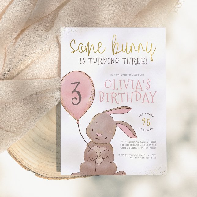 Some Bunny Watercolor Pink & Gold Birthday Party Invitation (Creator Uploaded)