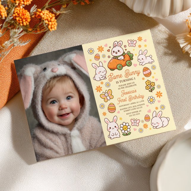Some Bunny Whimsical Easter 1st Birthday Photo Invitation (Creator Uploaded)