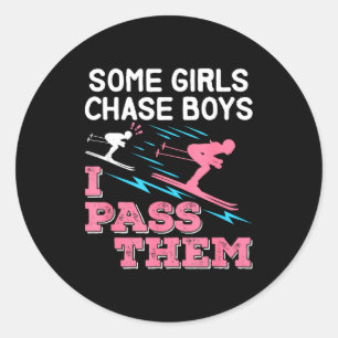 Some girls chase boys pass ski skier girl women classic round sticker