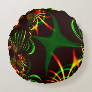 Some green grass and yellow fire-coloured curves round cushion