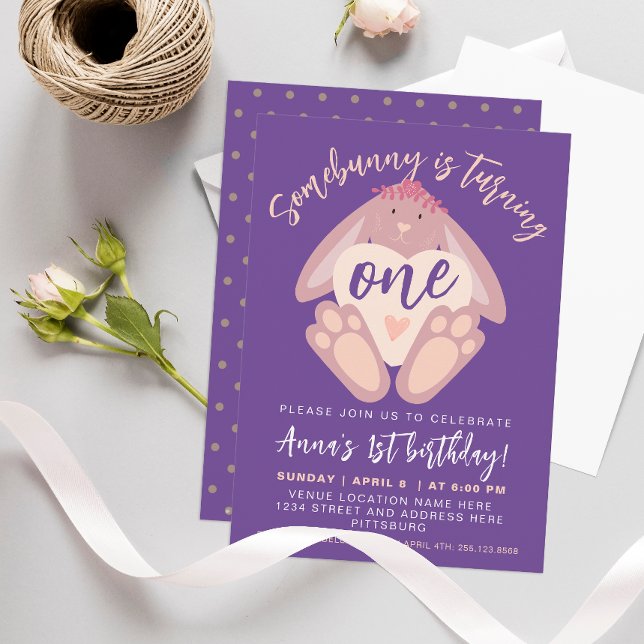 Somebunny 1st Birthday Cute Bunny Purple Party Invitation (Creator Uploaded)