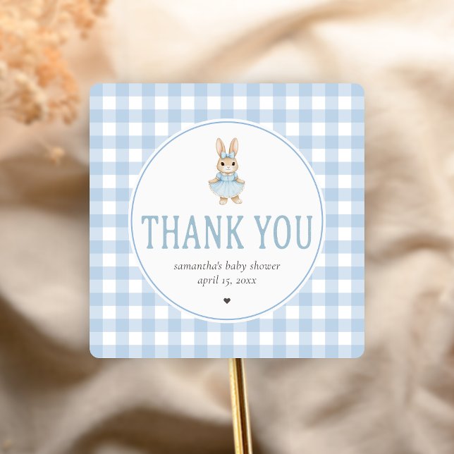 Somebunny Baby Shower Square Sticker (Gingham Little Bunny Baby Shower Sticker)