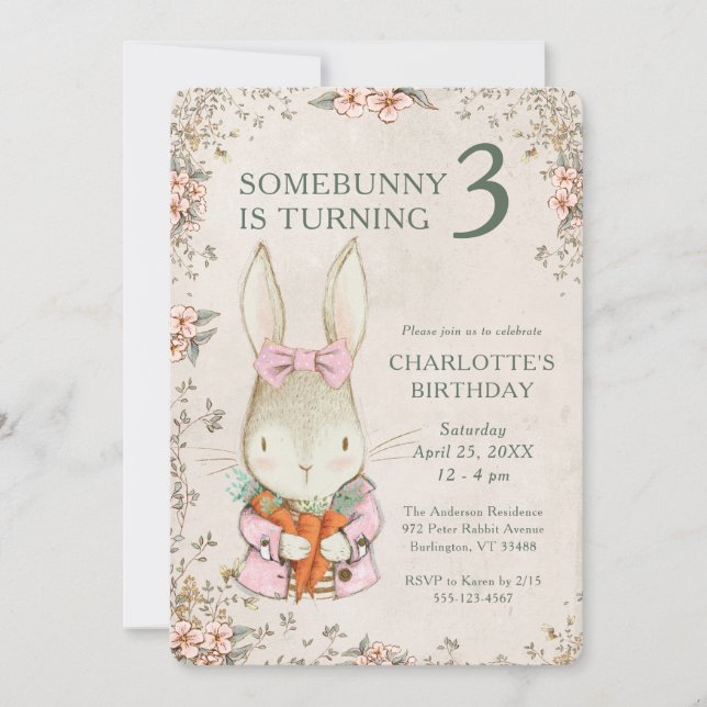 Somebunny is Turning Three 3rd Birthday Invitation (Front)