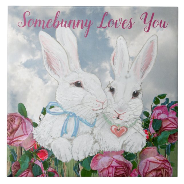 Somebunny Loves You Bunny Rabbits Rose Valentine Tile (Front)