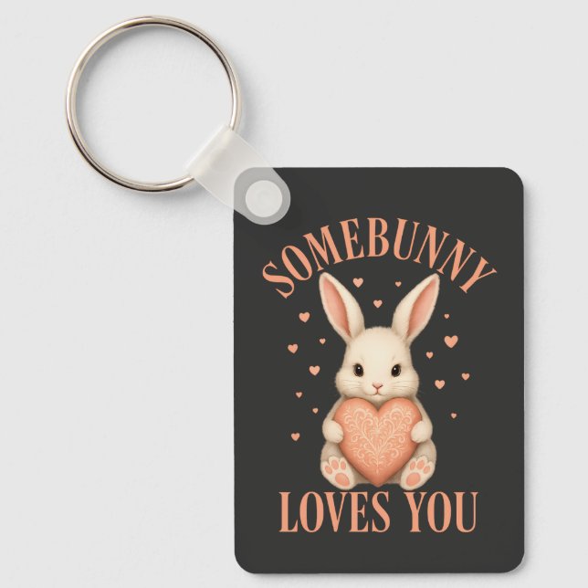 Somebunny Loves You Cute Bunny on Dark Charcoal Key Ring (Front)