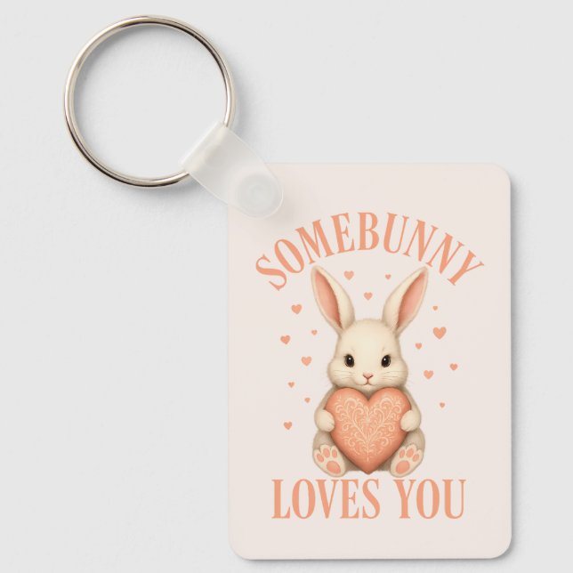 Somebunny Loves You Cute Bunny on Soft Blush Key Ring (Front)