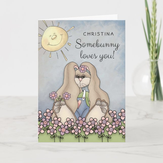 Somebunny Loves You! Girl Bunny Personalised Holiday Card (Front)