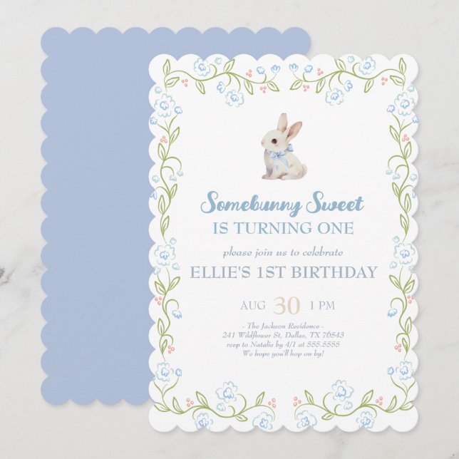 Somebunny Sweet Bunny 1st Birthday Spring Floral I Invitation (Front/Back)
