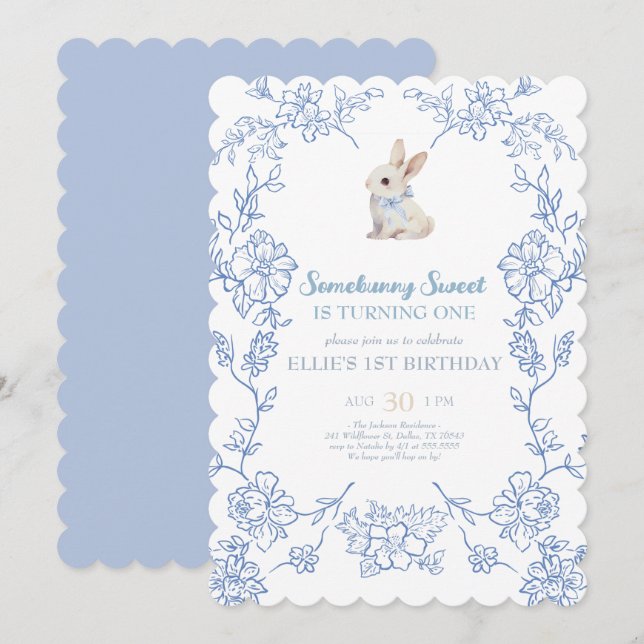 Somebunny Sweet Bunny 1st Birthday Spring Floral I Invitation (Front/Back)