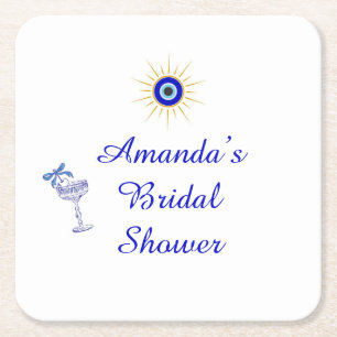 Something Blue and Greek Bridal Shower Square Paper Coaster